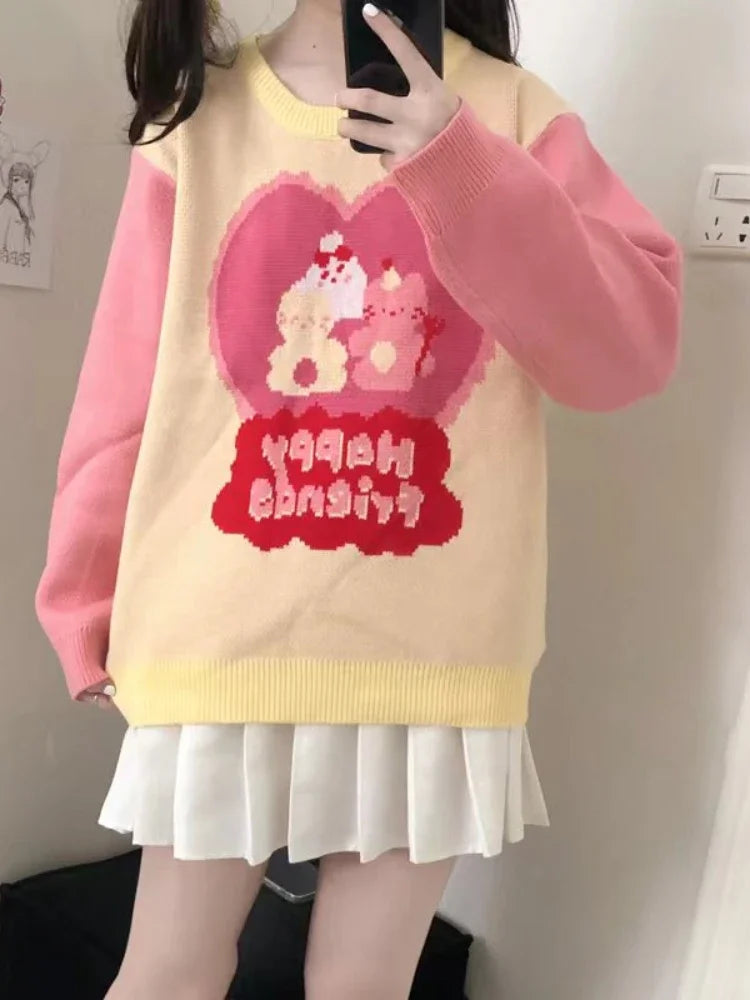 Pink Cartoon Strawberry Embroidery Sweaters Sweet Style Knit Pullovers Women Winter Thick Warm Christmas Sweater Jumpers Girls