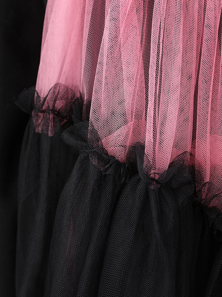 Women Balck Mesh Ruffles Irregular Big Size Mini Dress New Round Neck Long Sleeve Fashion Tide Spring Autumn 2025 CPG3045