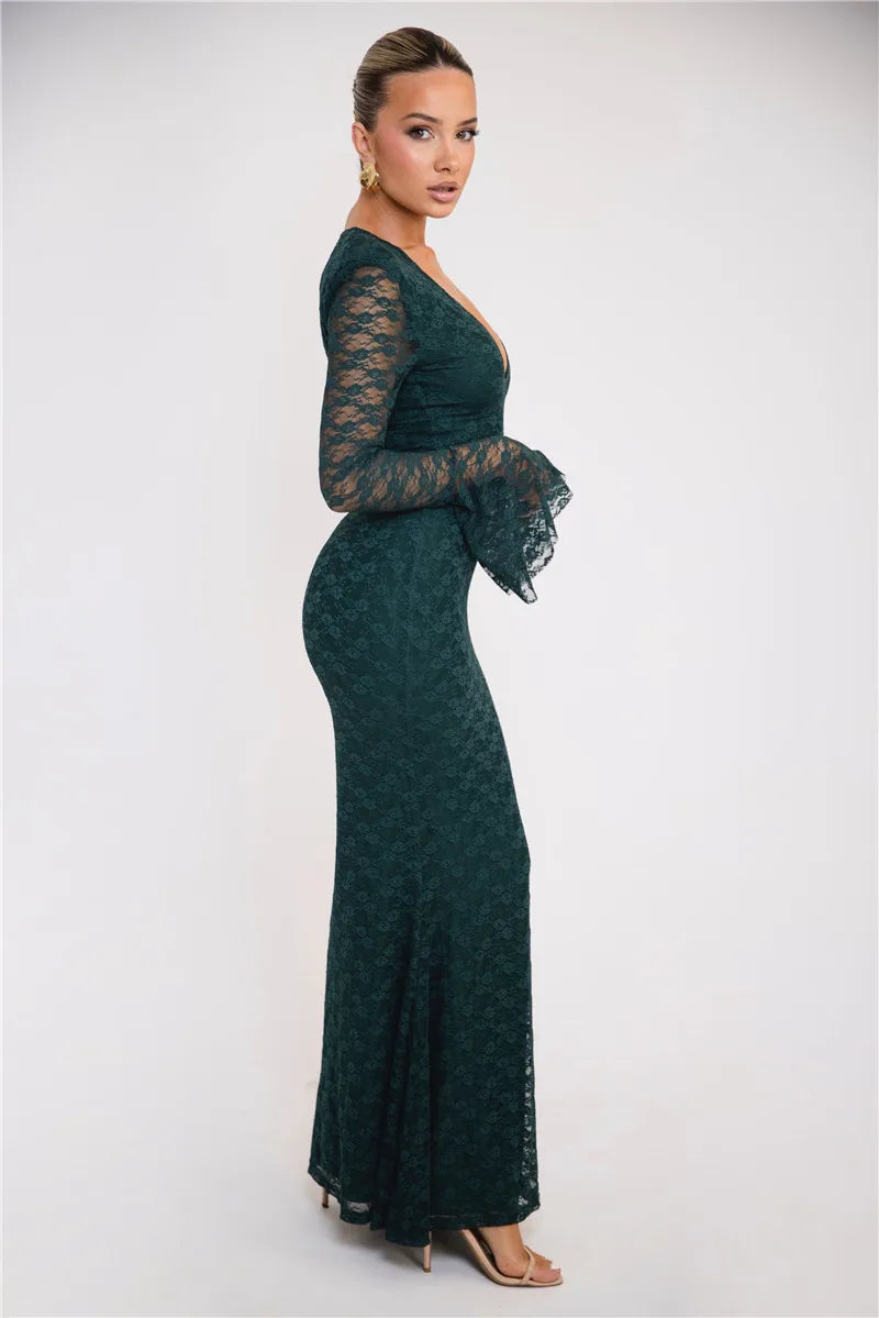 Elegant Lace Long Sleeve Sexy Maxi Dress For Women Fashion Deep V Neck Bodycon Party Club Sexy Long Dress Fashion