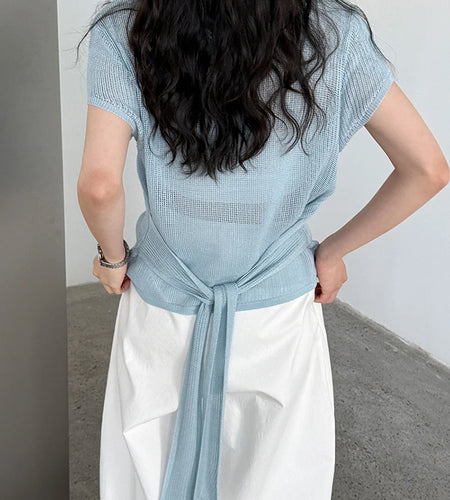 Women Blue Knitting Bandage Thin Casual T-shirt New Round Neck Short Sleeve Fashion Tide Spring Summer 2025 1DJ1305