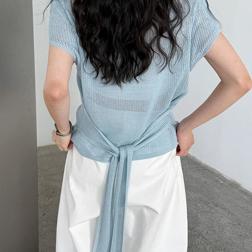 Load image into Gallery viewer, Women Blue Knitting Bandage Thin Casual T-shirt New Round Neck Short Sleeve Fashion Tide Spring Summer 2025 1DJ1305
