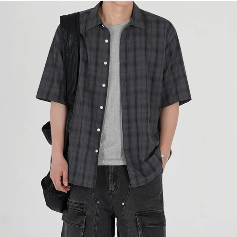 Summer Male Short Sleeve Shirts Casual Plaid Shirt Korean Single Breasted Handsome Trendy Men's Clothing 9W1632
