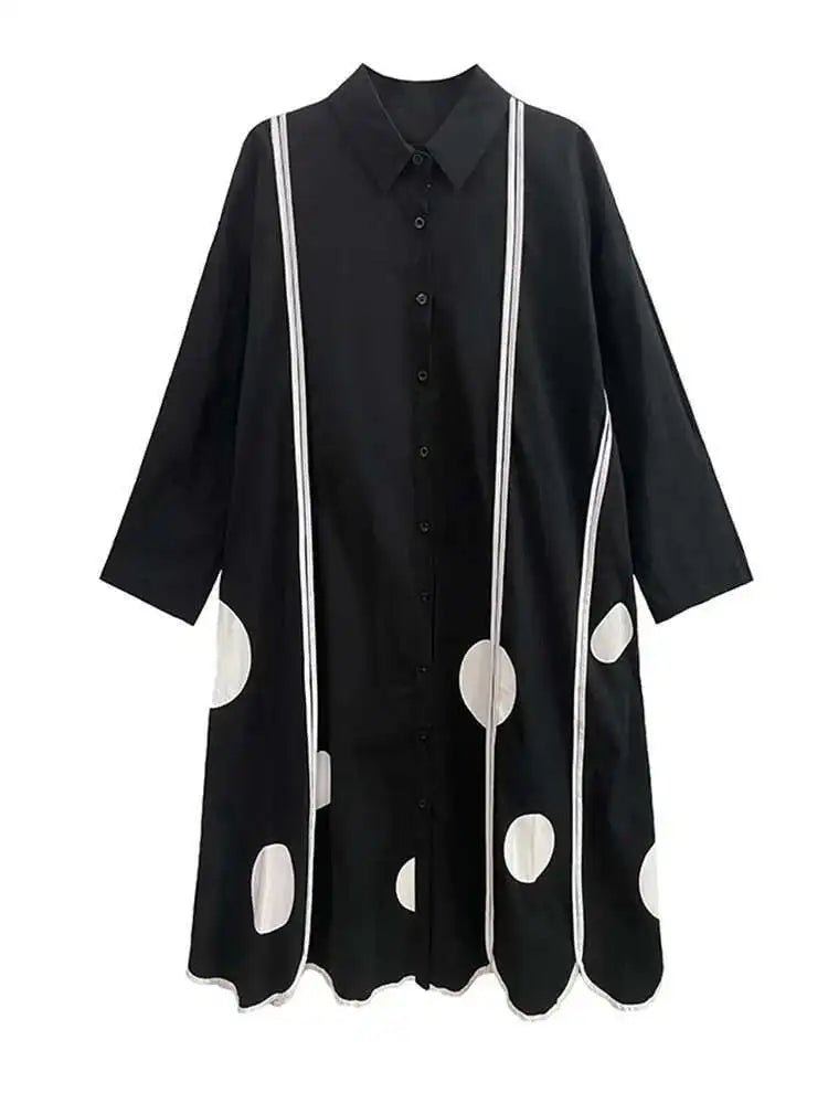 Women Black Dot Printed Long Big Size Shirt Dress New Lapel Long Sleeve Loose Fit Fashion Tide Spring Autumn 2025 1DF1508
