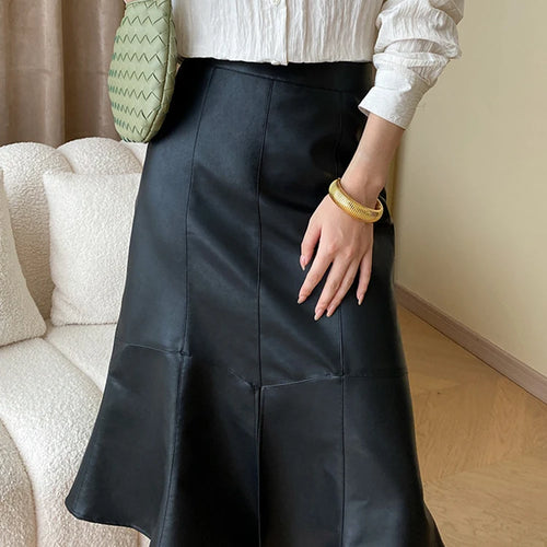 Load image into Gallery viewer, Solid Slimming Trumpet Skirts For Women High Waist Patchwork Zipper Minimalist Leather Skirt Female Fashion
