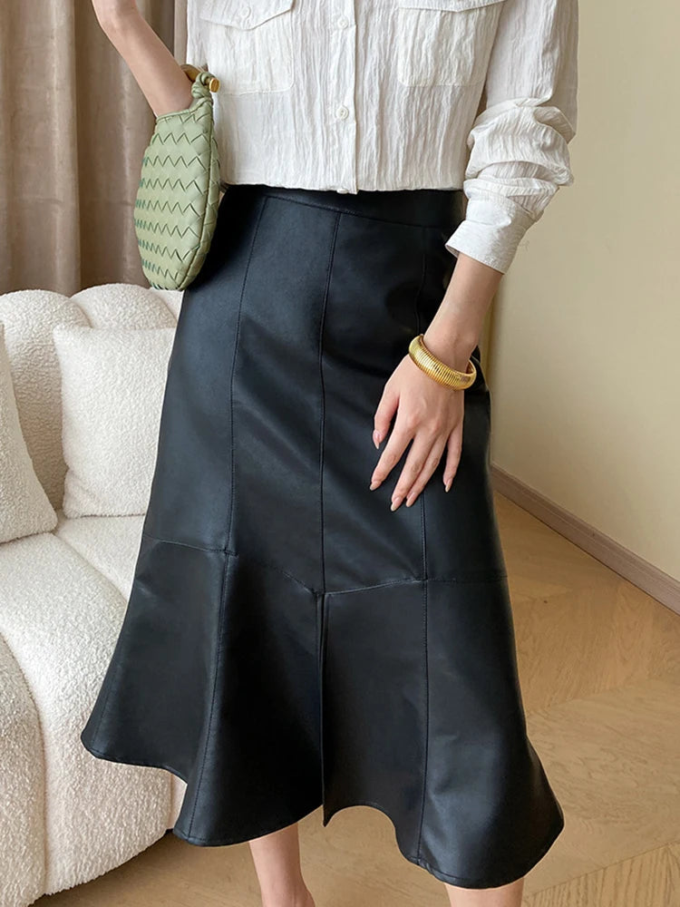 Solid Slimming Trumpet Skirts For Women High Waist Patchwork Zipper Minimalist Leather Skirt Female Fashion
