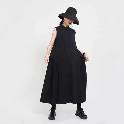 Load image into Gallery viewer, Women Khaki Split Pleated Long  Dress New Stand Collar Sleeveless Loose Fit Fashion Tide Spring Summer 2025 1Y353
