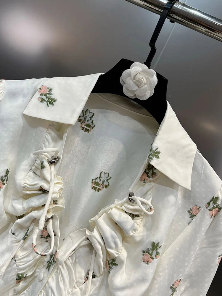 Slim Print Floral Shirt For Women Lapel Long Sleeve Bandage Colorblock Button Through Blouse Female Clothes Fashion