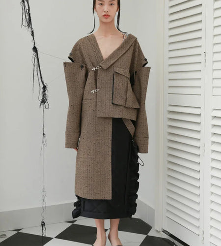 Loose Fit Big Size Irregualr Pocket Woolen Coat Parkas New Long Sleeve Women Fashion Tide Autumn Winter 2025 1DD2175