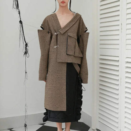 Load image into Gallery viewer, Loose Fit Big Size Irregualr Pocket Woolen Coat Parkas New Long Sleeve Women Fashion Tide Autumn Winter 2025 1DD2175
