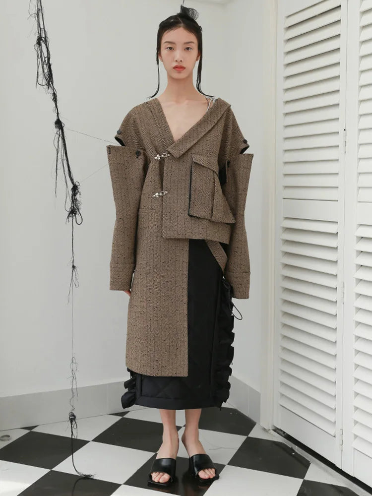 Loose Fit Big Size Irregualr Pocket Woolen Coat Parkas New Long Sleeve Women Fashion Tide Autumn Winter 2025 1DD2175