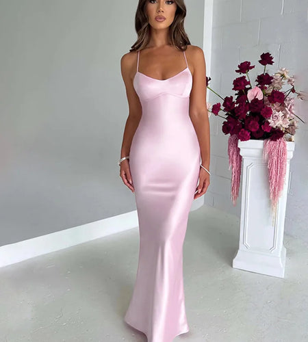 Sexy Spaghetti Strap Bodycon Satin Dress With Open Back Lace Up Female Long Dress Elegant Party Club Evening Dress 2024