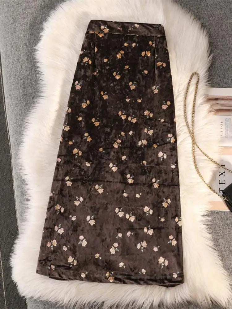 Women's Spring Autumn New Print Gold Velvet Slim Split Package Hip Skirts Ladies High Waist A-line Pleated Skirt Vintage French