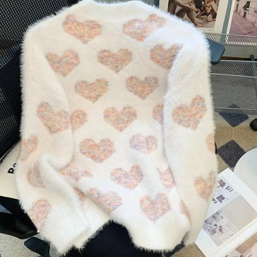 Load image into Gallery viewer, French Retro Heart Shaped Pearl Imitation Mink Sweaters Women Round Neck Warm Long Sleeves Knit Pullover Tops Autumn Winter Chic
