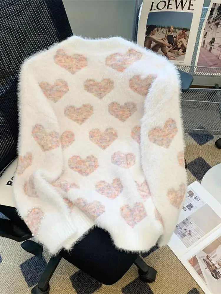 French Retro Heart Shaped Pearl Imitation Mink Sweaters Women Round Neck Warm Long Sleeves Knit Pullover Tops Autumn Winter Chic