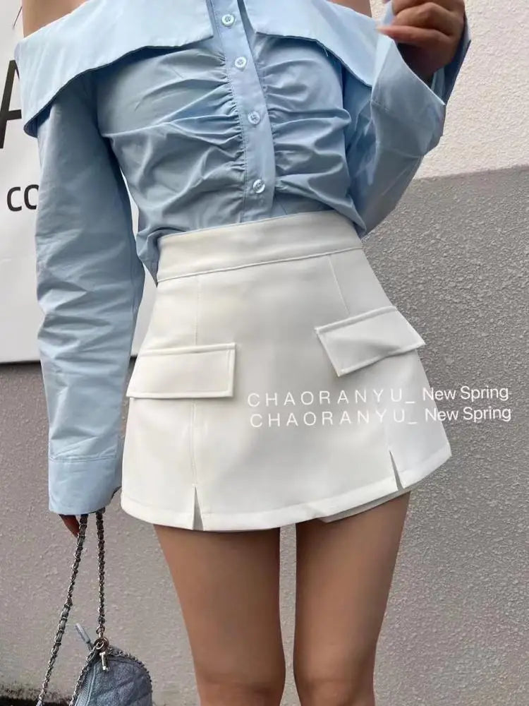 Women Chic Black White High-waist Wrapped Hip Mini Skirt 2024 Spring Summer Streetwear Vacation Brown Bodycon Short Skirt Simple