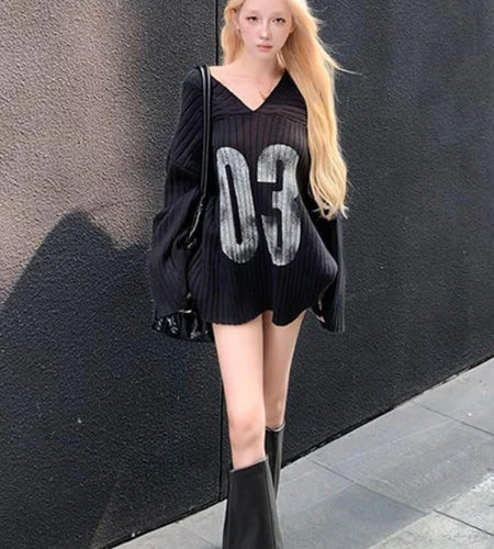Y2k Aesthetic Vintage Print Loose Pullovers Casual Grunge Harajuku Sweaters V-Neck Off Shoulder All Match Jumpers Korean Fashion