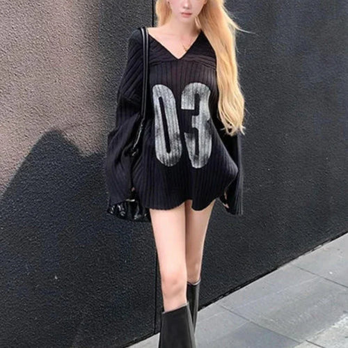 Load image into Gallery viewer, Y2k Aesthetic Vintage Print Loose Pullovers Casual Grunge Harajuku Sweaters V-Neck Off Shoulder All Match Jumpers Korean Fashion
