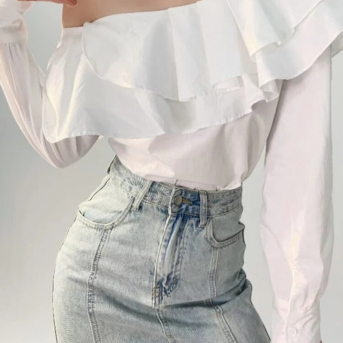 Load image into Gallery viewer, Minimalist Ruffles Shirts For Women Skew Collar Long Sleeve Ruffles Casual Loose Blouse Female Fashion Clothing
