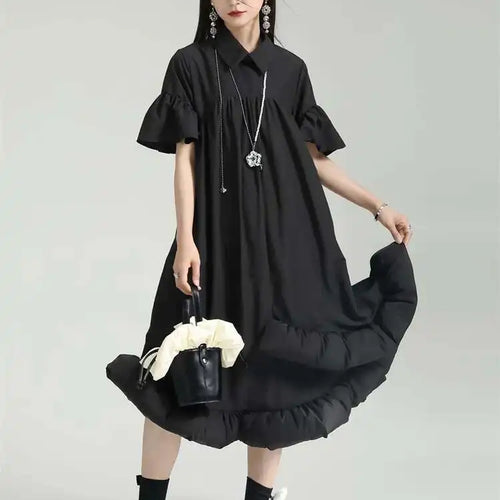 Load image into Gallery viewer, Women White Pleated Hem Ruffles Big Size Shirt Dress New Lapel Short Sleeve Loose Fit Fashion Spring Summer 2025 1DF7190
