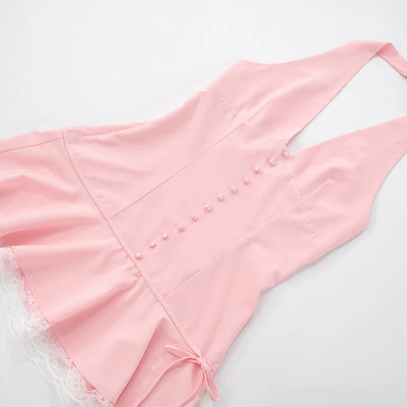 Halter Backless Sexy Mini Dress Women Robe Summer New Lace Patchwork Sleeveless V Neck High Waist Ruffled Dress 2025