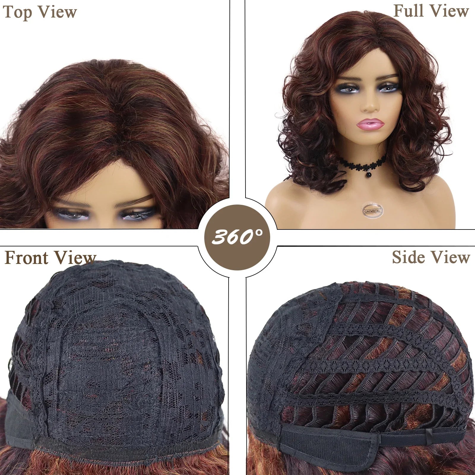 Synthetic Hair Natural Wigs for Women Medium Length Red Brown Curly Wig for Mother Fluffy Soft Short Wig with Bangs