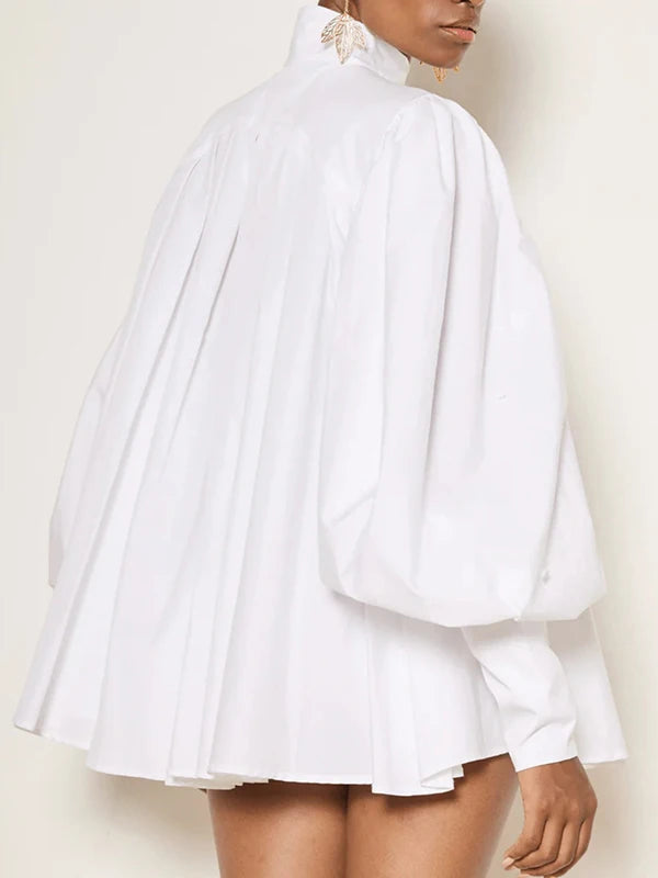 Cotton Women Tops and Blouses Summer Fall High Neck Casual OverSize Puff Sleeves Buttoned Streetwear Shirts Female