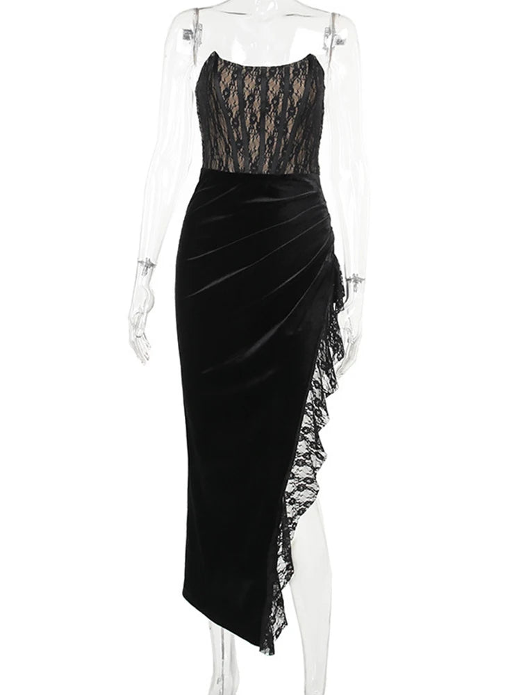 Elegant Lace Strapless Maxi Dress For Women Fashion Black Sleeveless Backless Bodycon Club Party Sexy Long Dress