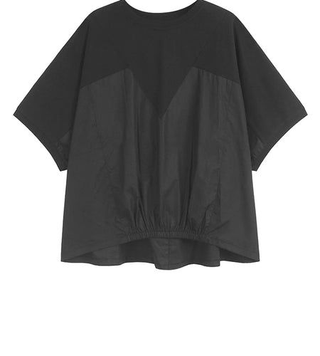 Women Black Irregular Spliced Big Size T-shirt New Round Neck Short Batwing Sleeve Fashion Tide Spring Summer 2025 1DJ1440