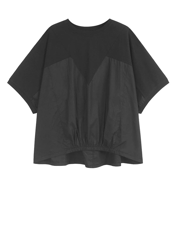 Women Black Irregular Spliced Big Size T-shirt New Round Neck Short Batwing Sleeve Fashion Tide Spring Summer 2025 1DJ1440