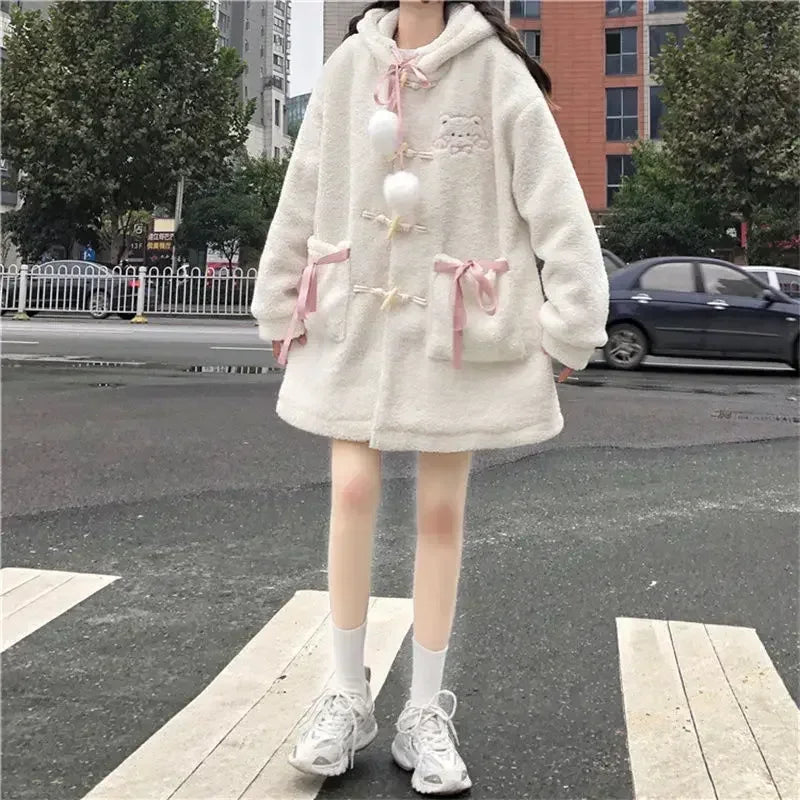 New Winter Fashion Loose Cartoon Jacket Y2k Aesthetic All Match Lamb Wool Women Hooded Coat Thicken Warm Vintage Casual Bow Tops
