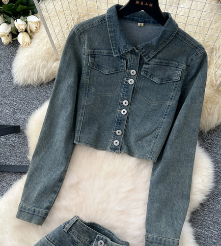 Autumn Women Vintage Blue Denim Single Breasted Lapel Long Sleeve Tops Coat And High Waist Wide Leg Jeans Trousers Two-piece Set