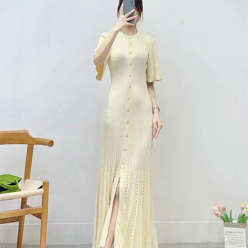 Load image into Gallery viewer, French Fashion Women Black Patchwork Single Breasted Elegant Knit Dress Autumn Beige Green Long Sleeve Slim Split Dresses Ladies
