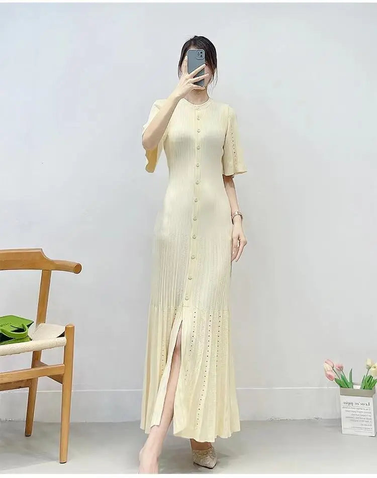 French Fashion Women Black Patchwork Single Breasted Elegant Knit Dress Autumn Beige Green Long Sleeve Slim Split Dresses Ladies