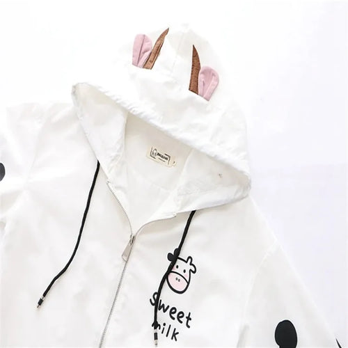 Load image into Gallery viewer, Women&#39;s Hooded Jacket Cartoon Dairy Cows Print Zipper Jackets Casual Pocket Harakuju Cute Outwear Coats 2024 Autumn Korean Tops
