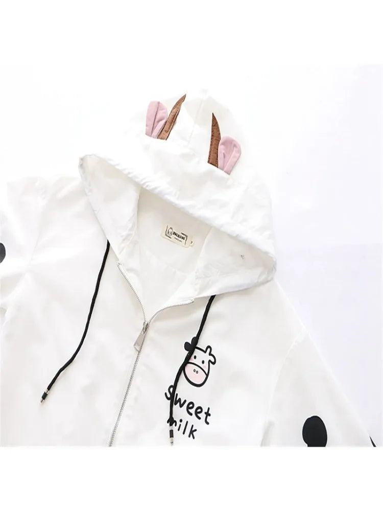 Women's Hooded Jacket Cartoon Dairy Cows Print Zipper Jackets Casual Pocket Harakuju Cute Outwear Coats 2024 Autumn Korean Tops