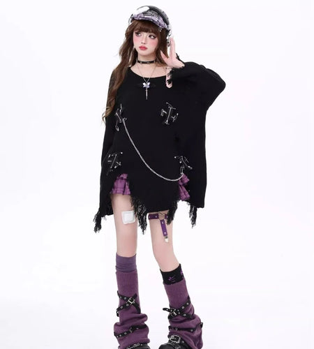 Streetwear Loose Women Skew Collar Sweater Y2k Aesthetic Vintage Patchwork Knitted Jumper Hole Split Grunge Harajuku Pullovers