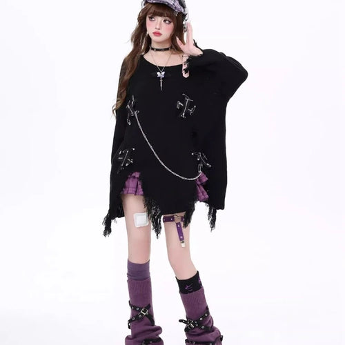 Load image into Gallery viewer, Streetwear Loose Women Skew Collar Sweater Y2k Aesthetic Vintage Patchwork Knitted Jumper Hole Split Grunge Harajuku Pullovers
