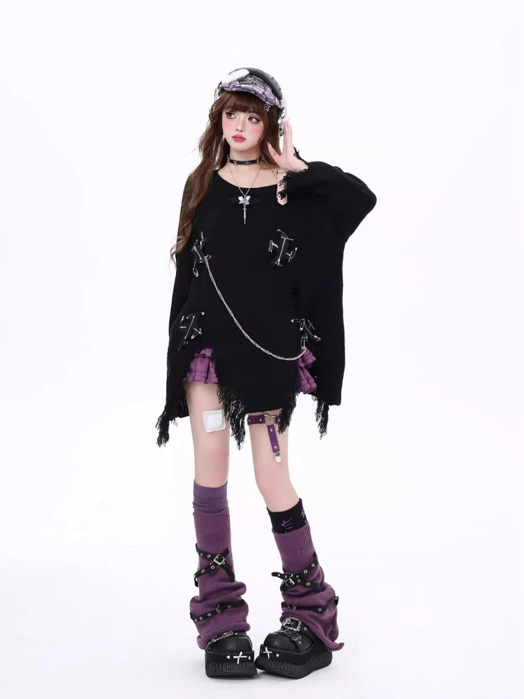 Streetwear Loose Women Skew Collar Sweater Y2k Aesthetic Vintage Patchwork Knitted Jumper Hole Split Grunge Harajuku Pullovers