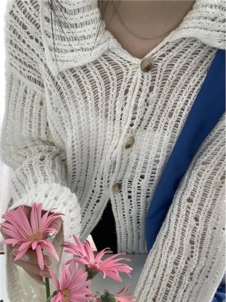 Y2k Aesthetic 2025 Spring Cardigan Femme Vintage Grunge Knitted  Harajuku Turn Down Collar Elegant Loose Women Sweaters