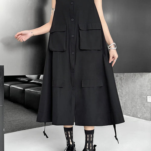 Load image into Gallery viewer, Women Black Pockets Big Size Casual Midi Vest Dress New Round Neck Sleeveless Fashion Tide Spring Autumn 2025 1DJ1167
