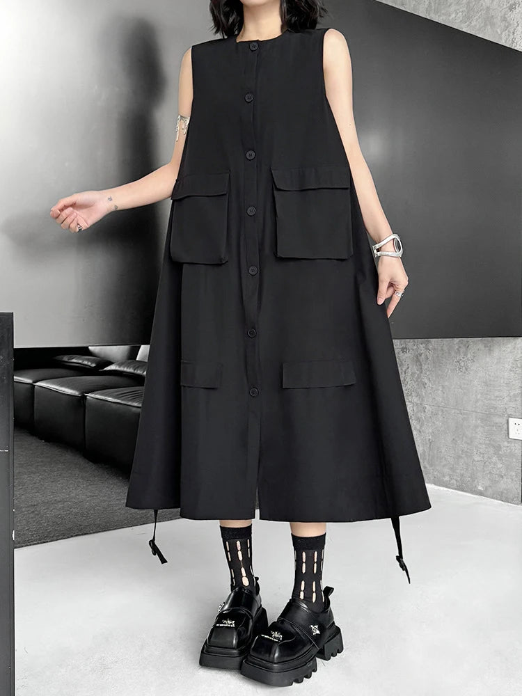 Women Black Pockets Big Size Casual Midi Vest Dress New Round Neck Sleeveless Fashion Tide Spring Autumn 2025 1DJ1167