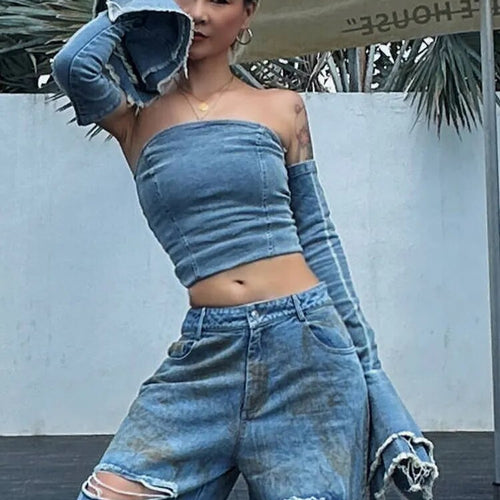 Load image into Gallery viewer, Detachable Denim Tank Top For Women Strapless Flare Sleeve Slimming Solid Streetwear Sexy Vest Female Fashion
