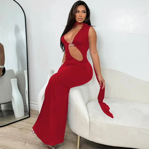 Load image into Gallery viewer, Hollow Out Halter Sexy Maxi Dress Women Summer New Metal Decoration Sleeveless Slim High Waist Long Dress Elegant
