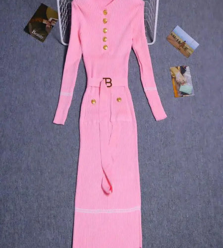 Women's Solid Patchwork Stripe V Neck Elegant Slim Long Sleeved Dress Spring Single Breasted Office Lady Knitted Dresses Fashion