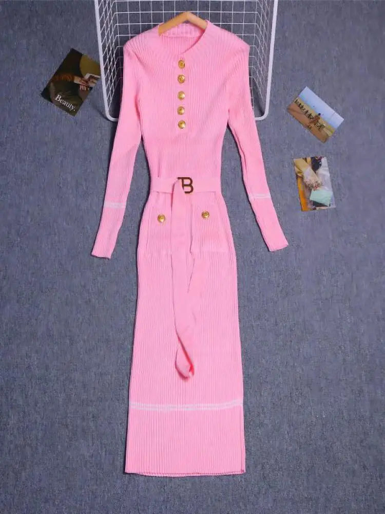 Women's Solid Patchwork Stripe V Neck Elegant Slim Long Sleeved Dress Spring Single Breasted Office Lady Knitted Dresses Fashion