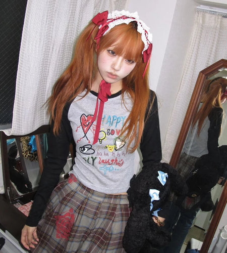 Japanese Y2k Graffiti Print T-shirt Trashy 2000s Style Long Sleeve Patchwork Tops Vintage Harajuku Crop Top American 90s