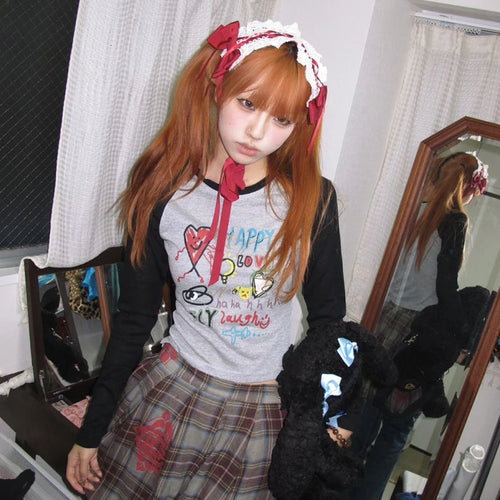 Load image into Gallery viewer, Japanese Y2k Graffiti Print T-shirt Trashy 2000s Style Long Sleeve Patchwork Tops Vintage Harajuku Crop Top American 90s
