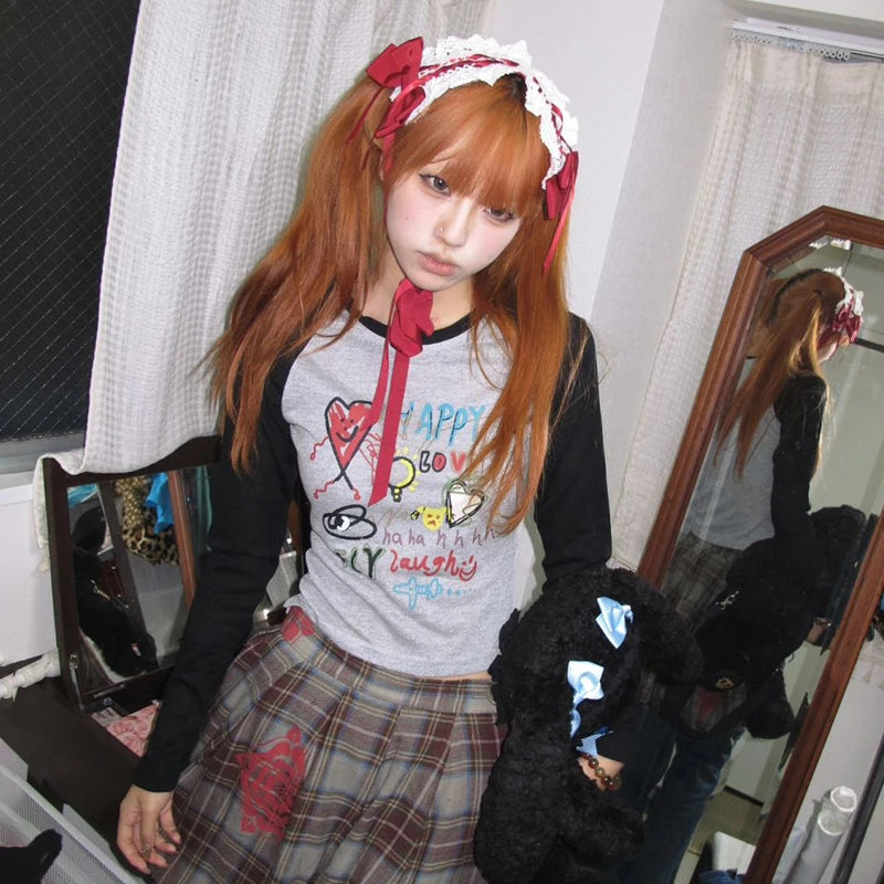 Japanese Y2k Graffiti Print T-shirt Trashy 2000s Style Long Sleeve Patchwork Tops Vintage Harajuku Crop Top American 90s