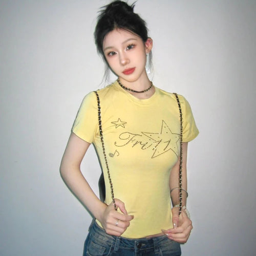 Load image into Gallery viewer, 2025 Summer Yellow Gothic Tee Femme Y2k Aesthetic Slim Women Sexy Crop T-shirt Vintage Diamond Letter Streetwear Grunge Tshirts
