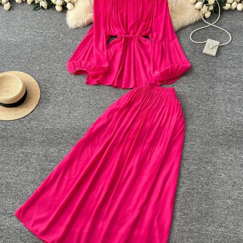 Load image into Gallery viewer, French Retro 2025 Women Solid Off Shoulder Elegant Lace-up Pleated Tops+ High Waist Party Long Skirt Spring Autumn Two Piece Set
